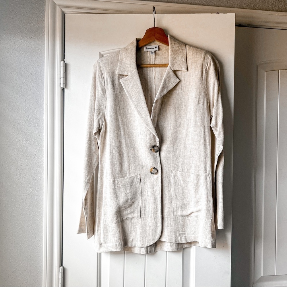 Veronica M beige Cream Button Linen Blazer Jacket Small
